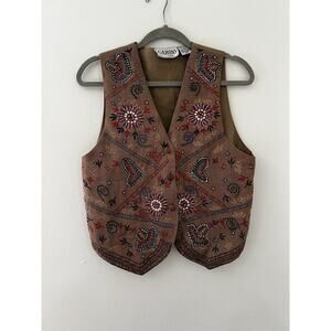 Vintage Garbo Petite Woven Embroidered Boho Western Jute Hemp Vest Hippie PM